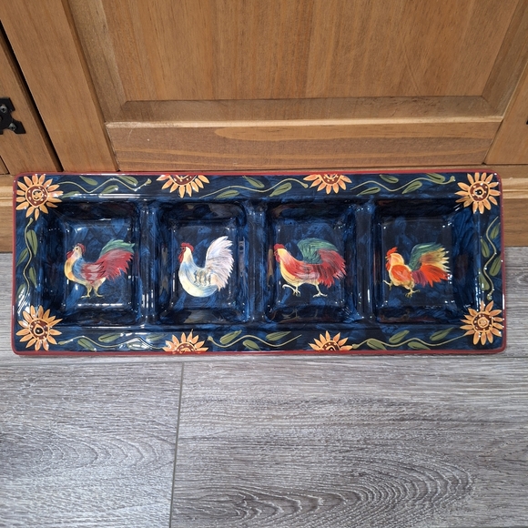 Certified International Sunrise Rooster 4-Section Serving Tray, Blue Ceramic - Picture 1 of 10